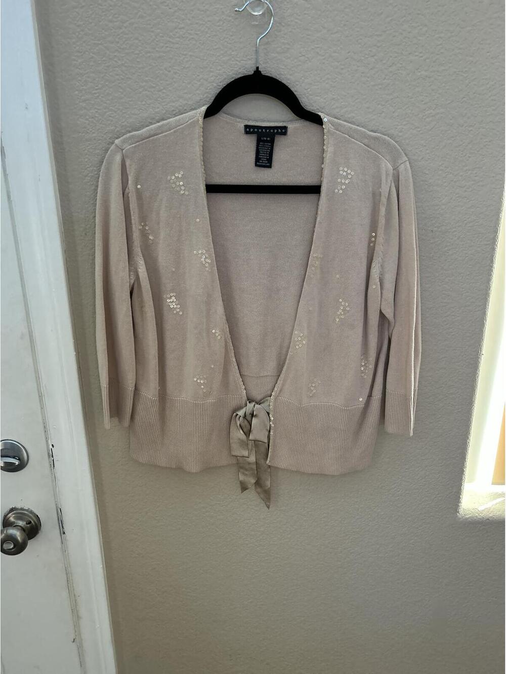 Apostrophe Beige Tie-Front Cotton Lyocell Cardigan Sweater Large